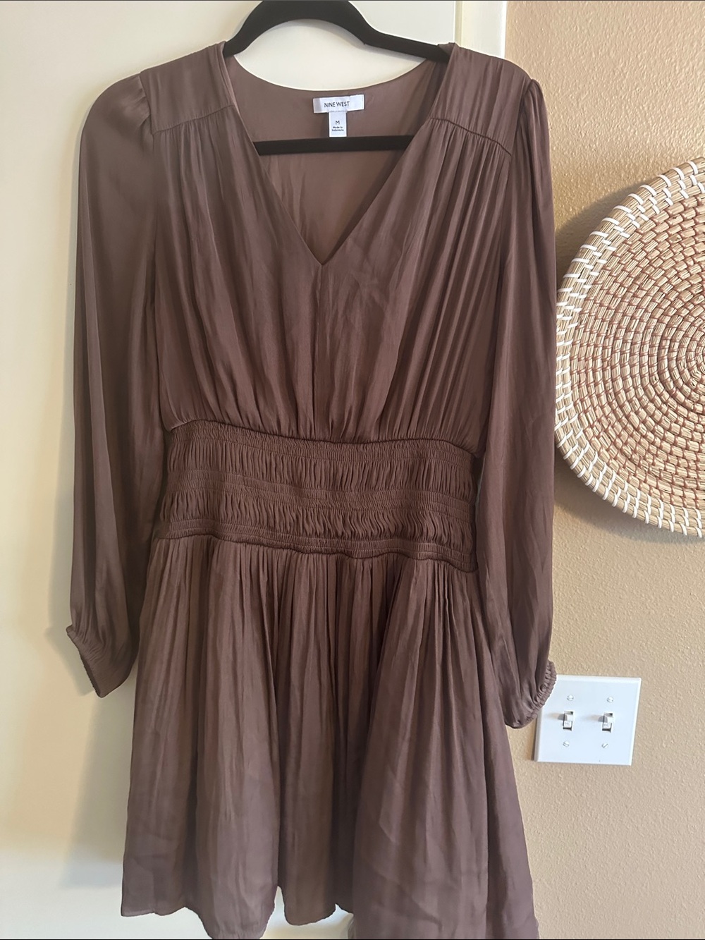 Nine West Chocolate Brown Long-Sleeve V-Neck Dress